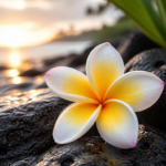 Eine frische hawaiianische Frangipani/Plumeria-Blüte auf nassem, dunklem Basaltgestein im weichen Morgenlicht. Verbindet die hawaiianische Tradition mit ästhetischer Wellness- und Magazin-Optik.