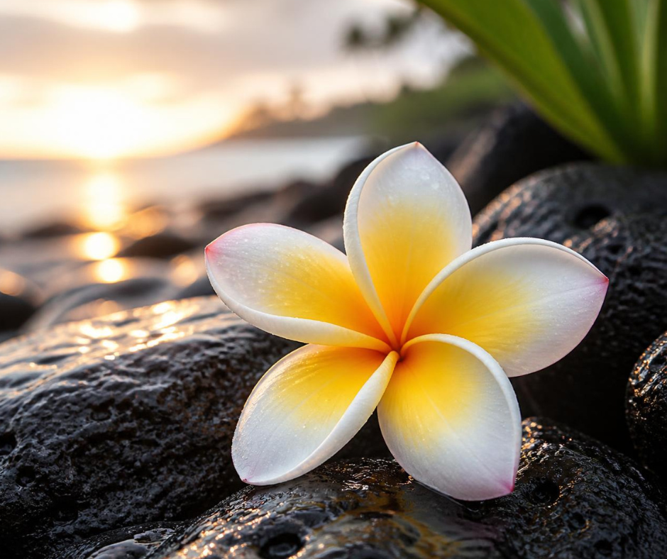 Eine frische hawaiianische Frangipani/Plumeria-Blüte auf nassem, dunklem Basaltgestein im weichen Morgenlicht. Verbindet die hawaiianische Tradition mit ästhetischer Wellness- und Magazin-Optik.